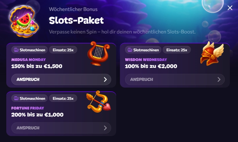 Aphrodite Casino Wochenbonus mit Medusa Monday Wisdom Wednesday und Fortune Friday