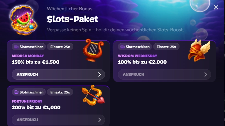 Wöchentliche Casino Aktionen bei Aphrodite mit Medusa Monday Wisdom Wednesday und Fortune Friday