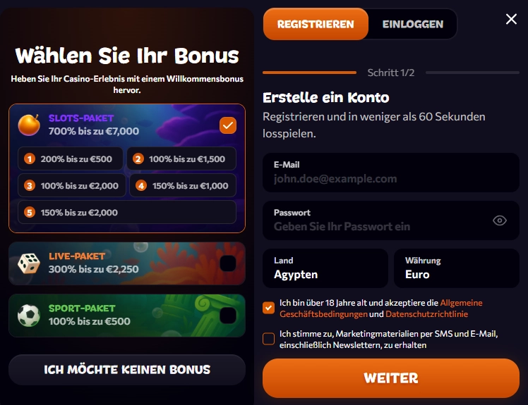 Registrierung eines Kontos im Aphrodite Casino mit Bonusauswahl