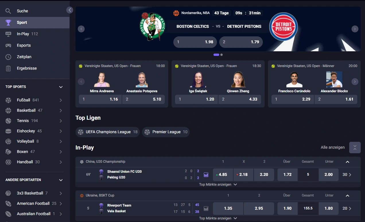 Sportwetten im Aphrodite Casino mit verschiedenen Sportarten und Wettmärkten